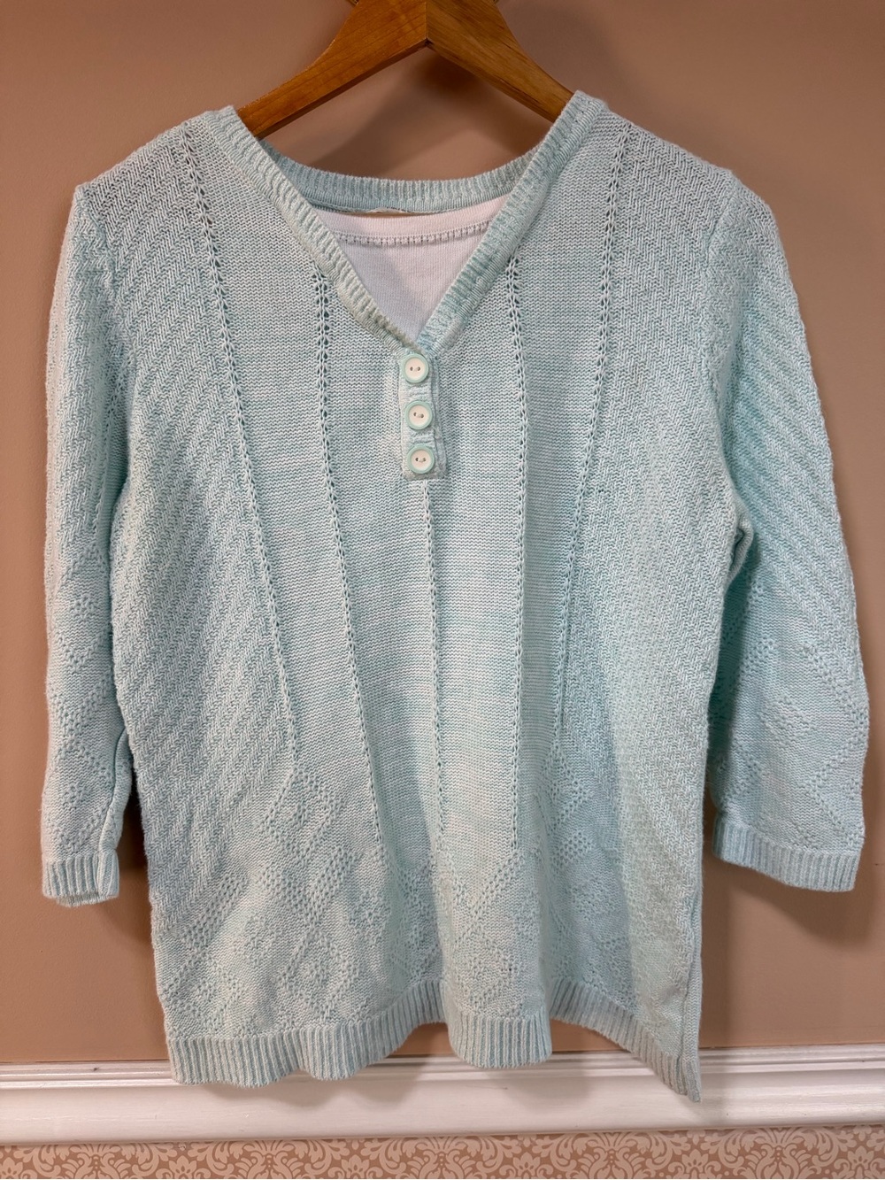 Light Blue V-Neck Knit Sweater with Button Placket 100% cotton/Ramie blend